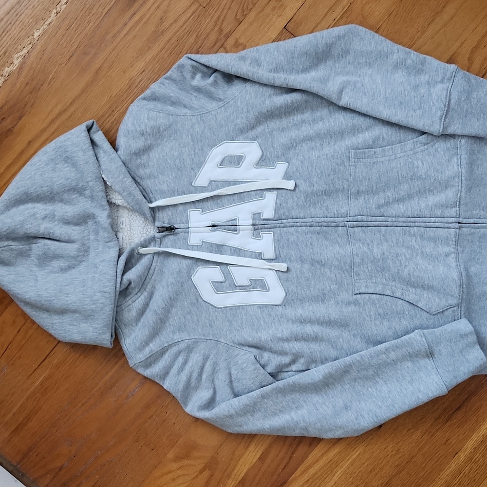 GAP Logo Gray Sherpa-Lined Zip Hoodie Size Small